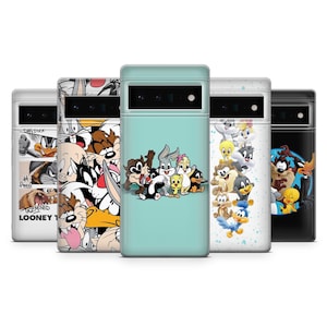 Könnte beinhalten: Fünf Handyhüllen mit Looney Tunes-Charakteren. Die Hüllen zeigen Bugs Bunny, Daffy Duck und Taz. Die Hüllen haben verschiedene Hintergründe, darunter Hellblau, Weiß und Schwarz.