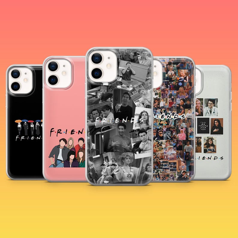 May include: A collection of phone cases featuring designs inspired by the TV show "Friends." The cases showcase various images, including character collages, the show's logo, and iconic scenes. The cases are in black, pink, and white.