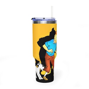 Tintin Inspired Vacuum Thermal Tumbler - Insulated Stainless Steel Travel Mug, Y2K Aesthetic Adventure Drink Bottle image 1