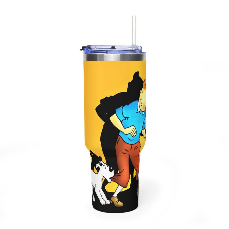 Tintin Inspired Vacuum Thermal Tumbler - Insulated Stainless Steel Travel Mug, Y2K Aesthetic Adventure Drink Bottle image 1