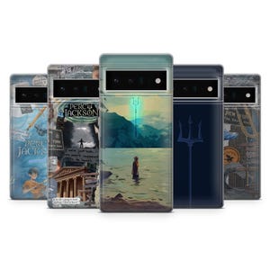May include: A selection of phone cases with designs inspired by the Percy Jackson book series. The cases showcase illustrations of characters, scenes, and the trident symbol in shades of blue, green, and navy.