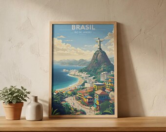 Rio de Janeiro Poster Wall Art – Brazil Travel Wall Art, Rio City Print, Tropical Beach Decor, Vintage Travel Poster, Brazil Gift