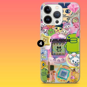 May include: A clear phone case with a colorful collage of cartoon characters and the word "tamagotchi". The case features a variety of designs, including a pink diamond, a yellow button, and a green creature.