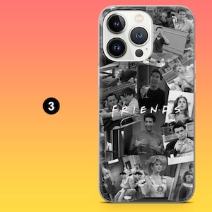 May include: A phone case featuring a collage of black and white images of the cast of the TV show "Friends." The word "FRIENDS" is prominently displayed. The case has a clear, glossy finish and a camera cutout.