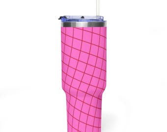 Pink Checkered Vacuum Thermal Tumbler - Insulated Stainless Steel Travel Mug, Y2K Aesthetic Cute Pattern Drink Bottle
