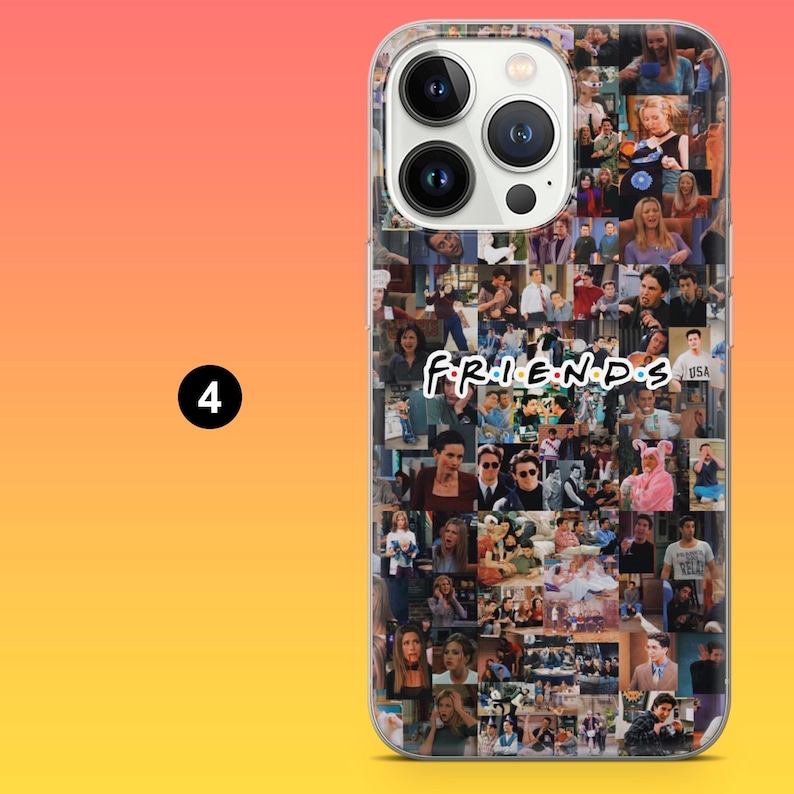 May include: Clear phone case featuring a collage of images from the TV show "Friends." The case has a clear border and a colorful gradient background. The word "FRIENDS" is printed in the center.