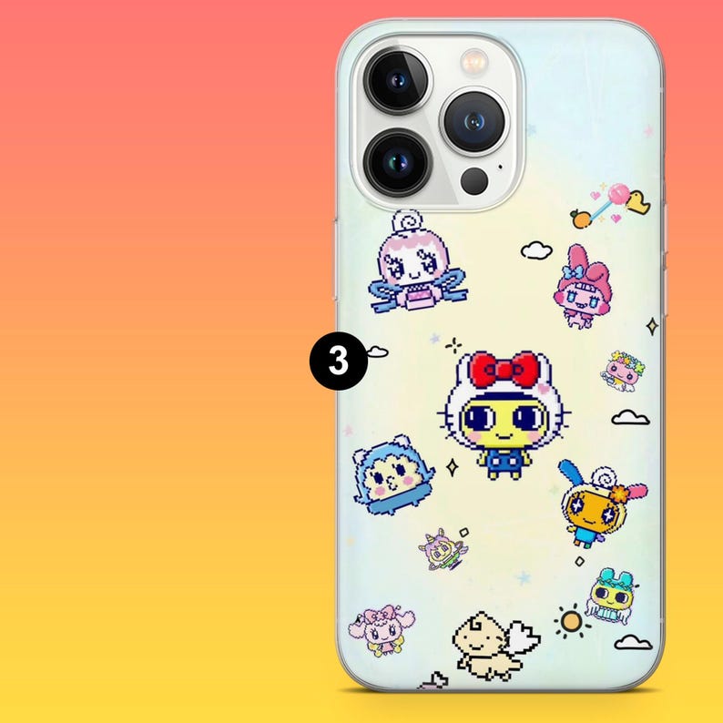May include: A light blue phone case featuring pixelated cartoon characters. The case has a gradient background and is decorated with various colorful figures, including a character with a red bow. The case has a camera cutout.
