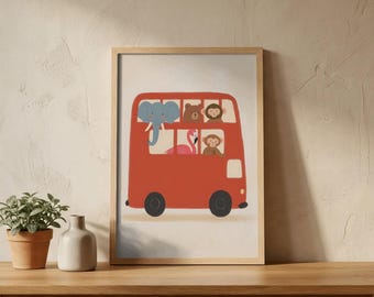 Animals Riding on Bus Poster Wall Art – Cute Animal Print, Funny Bus Illustration, Whimsical Nursery Decor, Kids Room Art