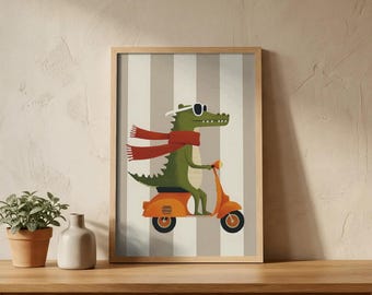 Funny Crocodile on Vintage Vespa Poster Wall Art – Retro Animal Print, Funny Scooter Art, Vintage Italian Decor, Quirky Gift