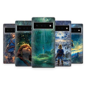May include: A collection of phone cases featuring artwork inspired by the video game, The Legend of Zelda. Each case displays a different scene with characters and landscapes in vibrant colors. The cases are designed to fit a specific phone model.