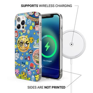 May include: A clear phone case with a blue background and colorful cartoon characters. The phone screen displays a charging symbol. The text "SUPPORTS WIRELESS CHARGING" and "SIDES ARE NOT PRINTED" are visible.
