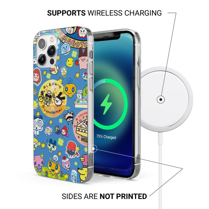 May include: A clear phone case with a blue background and colorful cartoon characters. The phone screen displays a charging symbol. The text "SUPPORTS WIRELESS CHARGING" and "SIDES ARE NOT PRINTED" are visible.