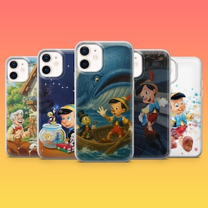 May include: A collection of five phone cases featuring colorful illustrations of characters and scenes from the classic animated film, Pinocchio. The cases showcase various designs, including Pinocchio, Geppetto, and Monstro the whale.
