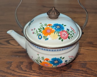 Vintage Enameled Metal Teapot Tea Kettle - Floral Design with Wood Handle