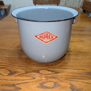 Vintage Durex ljusblå med svart kant emaljerad potta - Emaljerad metallkruka - Vintage kök bild 1