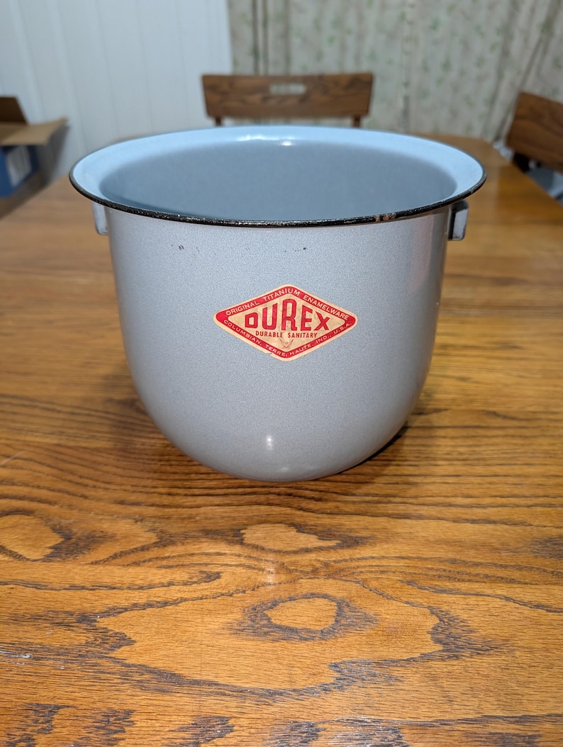 Vintage Durex ljusblå med svart kant emaljerad potta - Emaljerad metallkruka - Vintage kök bild 1