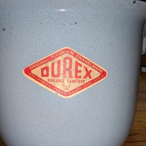 Vintage Durex ljusblå med svart kant emaljerad potta - Emaljerad metallkruka - Vintage kök bild 2