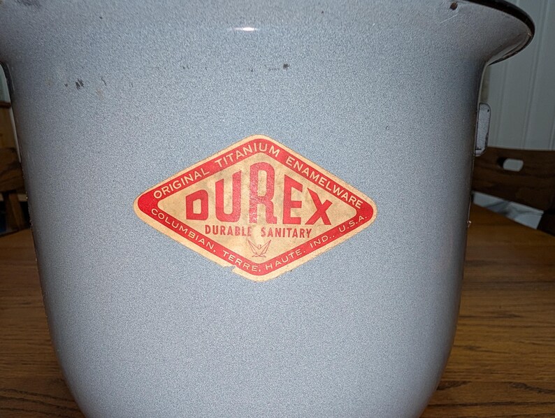 Vintage Durex ljusblå med svart kant emaljerad potta - Emaljerad metallkruka - Vintage kök bild 2
