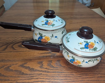 Juego de 2 ollas de esmalte vintage con diseño floral y tapas.