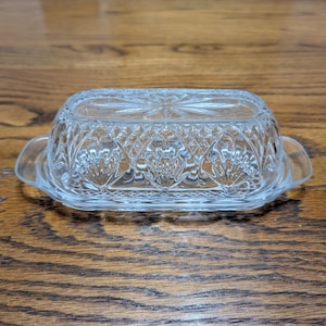 Vintage Glass Butter Dish Diamond Cut with Palm Frond Design - Kitchen Decor - Table - Servingware