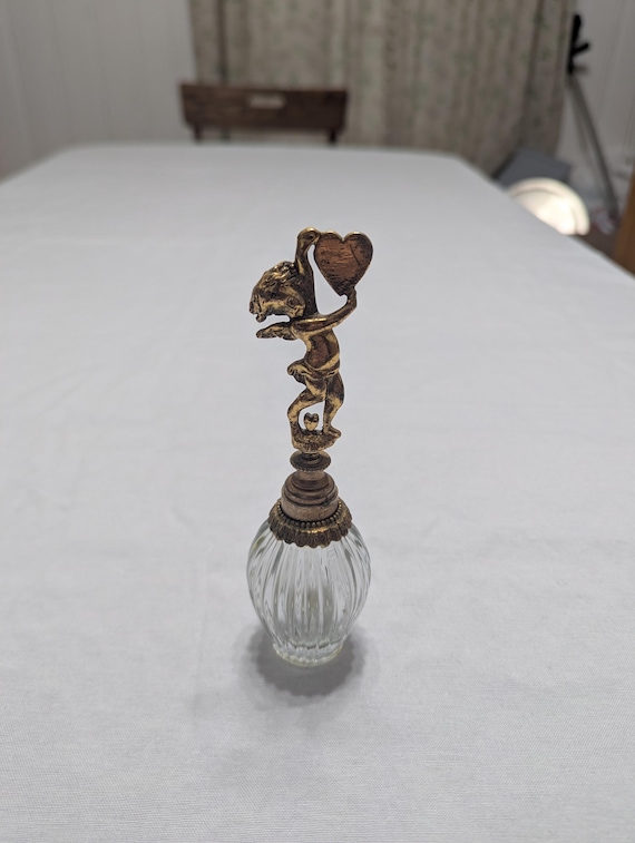 Stylebuilt Perfume Bottle Cupid With Heart - Vintage Bottle - Metal Cupid Lid
