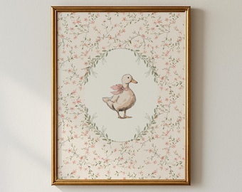 Silly Goose Wall Decor, Cute Duck Poster, Pink Coquette Prints, Farm Animal Printable, Girl Nursery Wall Art, Cottage Core Art