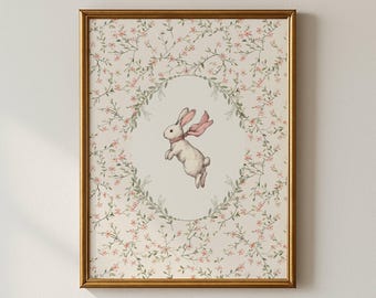 Rabbit Nursery Decoration, Bunny Nursery Decor, Cottagecore Girl Nursery, Kids Animal Wall Print
