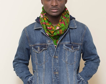 Scarf: Ankara African wax print  mens scarf, womens scarf,orange, red, green scarf, Fall scarf,Winter Scarf
