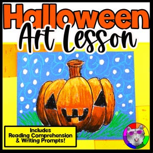 May include: A colorful Halloween-themed art lesson graphic. The image features a jack-o'-lantern with a blue background and white dots. Text at the top reads "Halloween Art Lesson." A yellow box at the bottom states "Includes Reading Comprehension & Writing Prompts!"