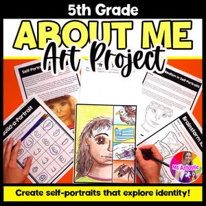 May include: A 5th Grade About Me Art Project educational resource set featuring printed worksheets for self-portraits. The pages include a Build-a-Portrait grid, a Realism in Self-Portraits guide, and a Brainstorming sheet with a colored drawing.