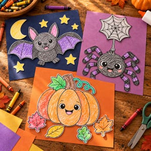 May include: Three construction paper crafts featuring hand-coloured drawings: a black bat on dark blue paper with a yellow moon and stars, a black spider on purple paper with a web, and an orange pumpkin on orange paper with colourful autumn leaves.