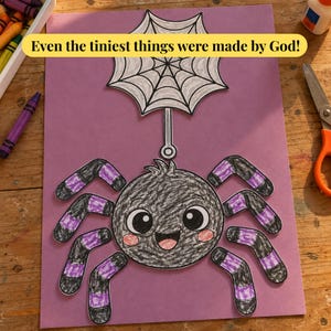 May include: A paper craft project on purple cardstock featuring a hand-drawn spider with black and purple striped legs and a smiling face, hanging from a black and white spiderweb. The text "Even the tiniest things were made by God!" is printed.