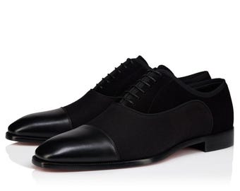 Richelieu en cuir de veau noir - Sergé de coton et veau velours - Chaussures habillées à semelle rouge pour homme