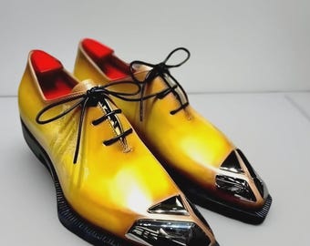 New Men Shoes Handmade Leather Yellow Whole cut Brogue Formal Casual Lace up