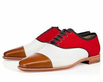 Men’s Tricolor Oxfords - Red Suede & White Leather Spectator Shoes - Tan Cap Toe Dress Shoes