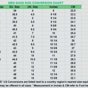 K&ouml;nnte beinhalten: Eine Schuhgr&ouml;&szlig;entabelle f&uuml;r Herren mit US-, EU- und UK-Gr&ouml;&szlig;en, Zoll und Zentimetern. Die Tabelle reicht von US 5 (22,9 cm) bis US 16 (32,1 cm). Der Text erkl&auml;rt die Ma&szlig;e und die Umrechnung.