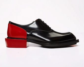 Handmade Men's Two-Tone Leather Oxford Shoes - Black & Red Square Toe Dress Shoes