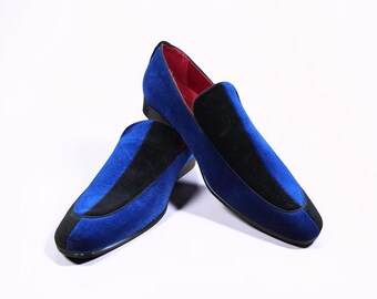 Blaue und schwarze Samt-Loafers - Handgefertigte Herren-Hausschuhe - Luxus-Formelschuhe