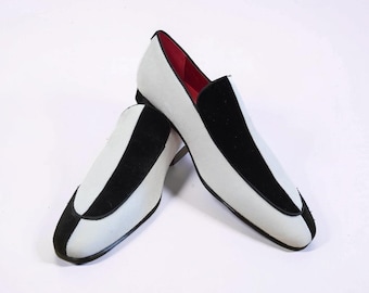 Weiße und schwarze Samt-Loafers - Handgefertigte Herren-Hausschuhe - Luxus-Formelschuhe