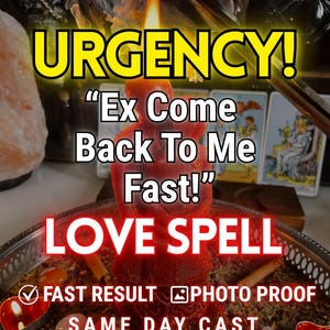Op de afbeelding: Een rode figuurkaars met een brandende vlam, omringd door aardbeien en kleine hartvormige kaarsjes op een zilveren dienblad. De tekst luidt: URGENCY! Ex Come Back To Me Fast! LOVE SPELL, FAST RESULT, PHOTO PROOF, SAME DAY CAST.
