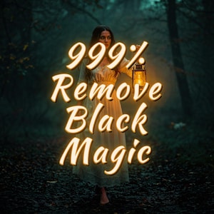 Könnte beinhalten: Eine Frau in einem cremefarbenen Kleid hält eine Laterne in einem dunklen Wald. Das Bild zeigt den Text "999% Remove Black Magic" in einer leuchtenden, stilisierten Schriftart. Der Hintergrund ist eine verschwommene Waldszene.