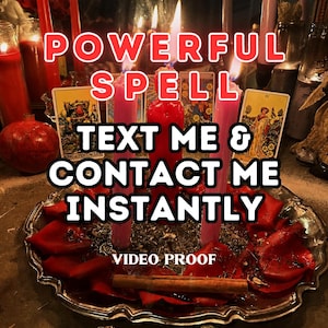 May include: An image featuring lit red and pink candles, tarot cards, and a silver tray with red rose petals. The text "POWERFUL SPELL TEXT ME & CONTACT ME INSTANTLY VIDEO PROOF" is displayed in white and red.