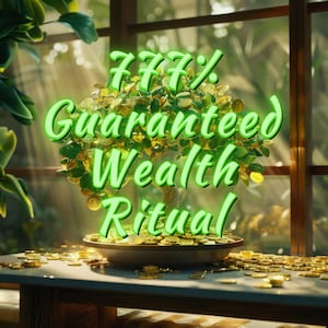 Op de afbeelding: Een bonsai-boom met muntvormige bladeren in een bruine pot op een houten tafel. De afbeelding bevat de tekst "777% Guaranteed Wealth Ritual" in felgroen. Gouden munten liggen verspreid over de tafel.