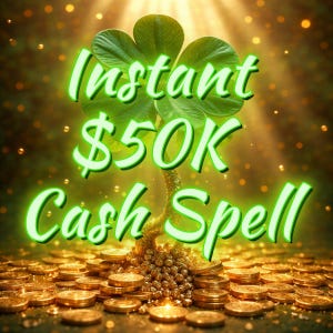 Puede incluir: Imagen digital con un trébol de cuatro hojas y monedas de oro. El texto "Instant $50K Cash Spell" está escrito en verde. La imagen tiene un tema mágico y un fondo dorado.