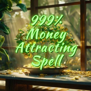 Op de afbeelding: Een digitale afbeelding van een kleine boom met muntvormige bladeren, in een kleine bruine pot. De tekst "999% Money Attracting Spell" is in het groen geschreven, met een vage achtergrond van een raam en zonlicht.