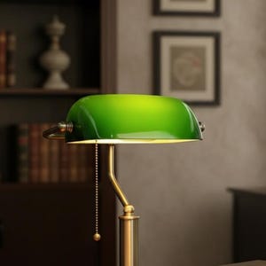 May include: A traditional green-shaded banker's lamp with a brass base and pull chain, on a wooden desk. The lamp lights an open book and a stack of books, creating a study or library atmosphere.