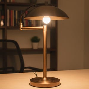 1920 Vintage Bronze Adjustable Swing Arm Desk Lamp with Gold Dome Shade
