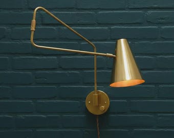 Mid Century Modern Brass Swing Arm Wall Lamp - Adjustable Cone Reading Light - Plug In Brass Wall Light - Minimalist Task Lighting