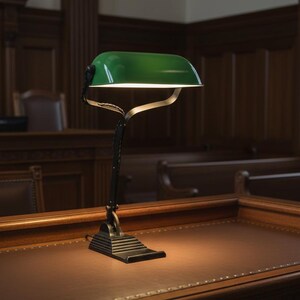K&ouml;nnte beinhalten: Eine gr&uuml;n schattierte Schreibtischlampe mit einem schwarzen und silbernen Rahmen steht auf einem Holzschreibtisch. Der Lampenschirm ist leuchtend gr&uuml;n und der Sockel hat eine dunkle, geometrische Form. Der Hintergrund zeigt eine Gerichtssaal-Umgebung.