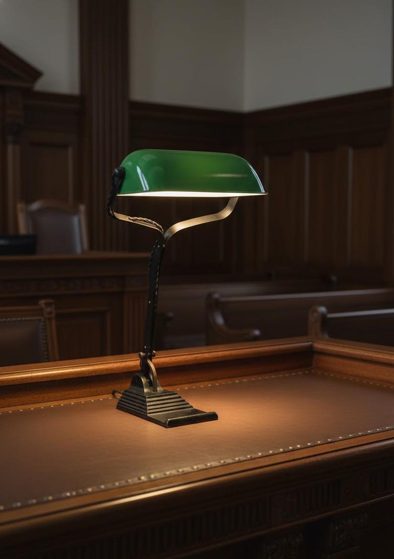 K&ouml;nnte beinhalten: Eine gr&uuml;n schattierte Schreibtischlampe mit einem schwarzen und silbernen Rahmen steht auf einem Holzschreibtisch. Der Lampenschirm ist leuchtend gr&uuml;n und der Sockel hat eine dunkle, geometrische Form. Der Hintergrund zeigt eine Gerichtssaal-Umgebung.